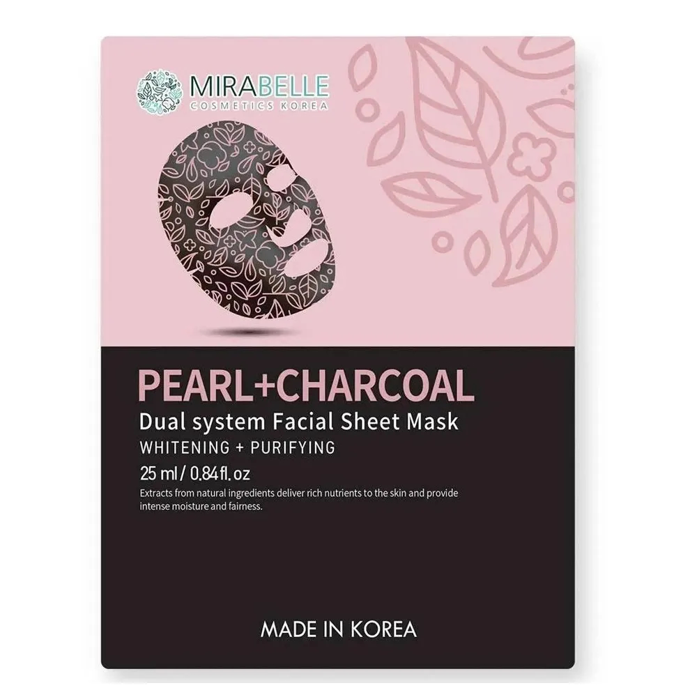 Mumuso Mirabelle Pearl+Charcoal Dual System Facial Sheet Mask Whitening+Purifying- 8809624502271